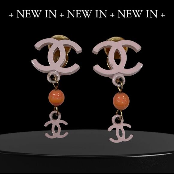 CHANEL Pink and Orange Logo Dangle Earrings - Picture 1 of 6